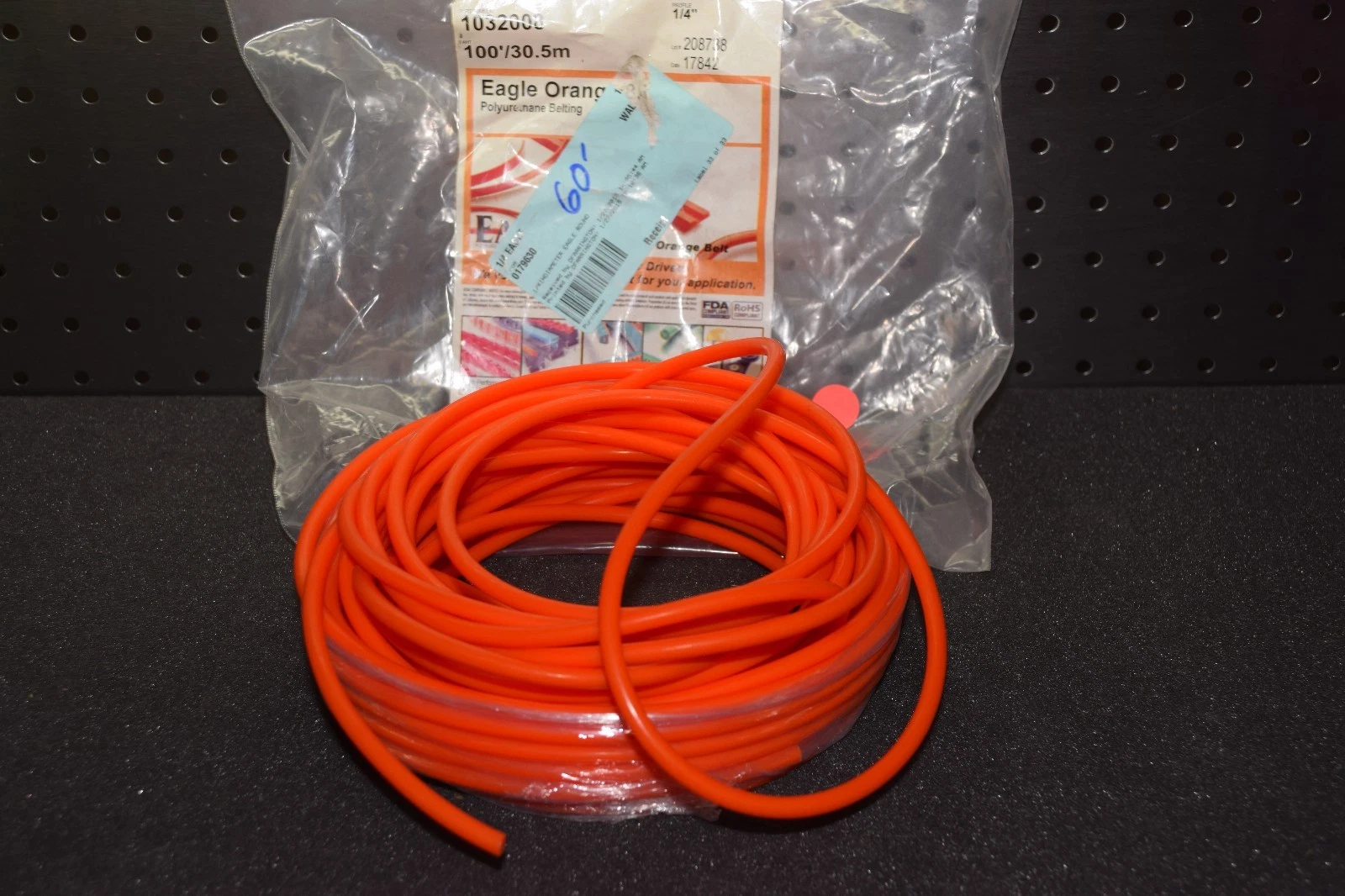 (APPROX. 60') EAGLE ORANGE 85 1032008 100'/30.5m 1/4" POLYURETHANE BELTING NEW