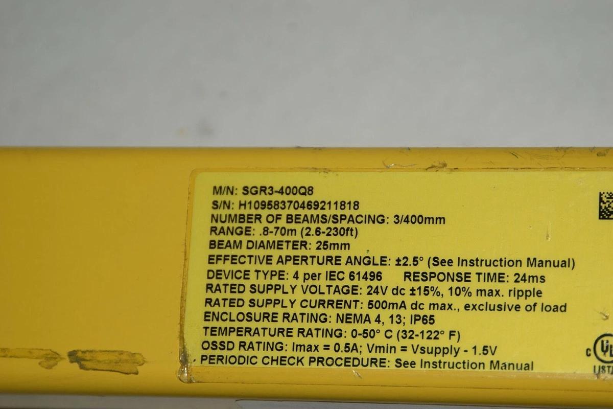 Used BANNER EZ-SCREEN Safety Light Curtain SGR3-400Q8 25mm 8-70m SGR3400Q8
