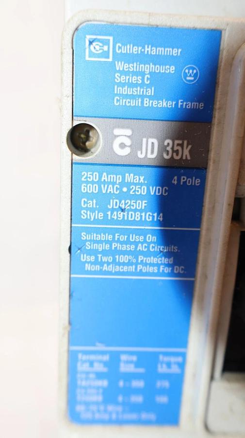 Used Westinghouse Cutler Hammer Circuit Breaker 250a JD35k JD4250F 4p 600v 225a trip