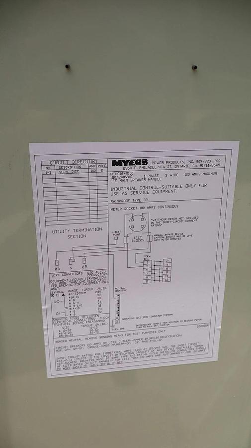 Myers Industrial 100 Amp Meter socket MEUG16-M100 STD Enclosure 3R 100A 1Phase