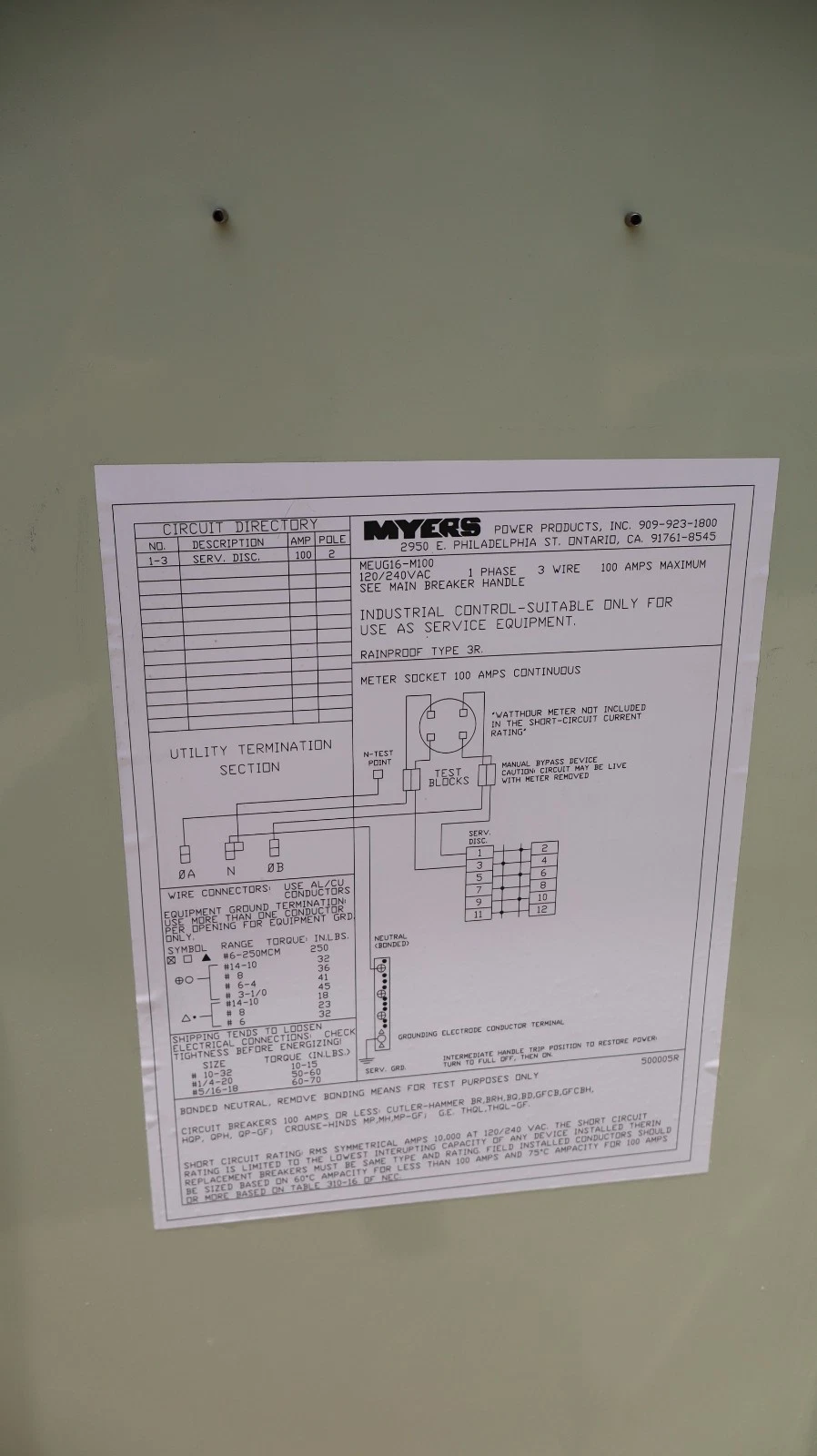 Myers Industrial 100 Amp Meter socket MEUG16-M100 STD Enclosure 3R 100A 1Phase