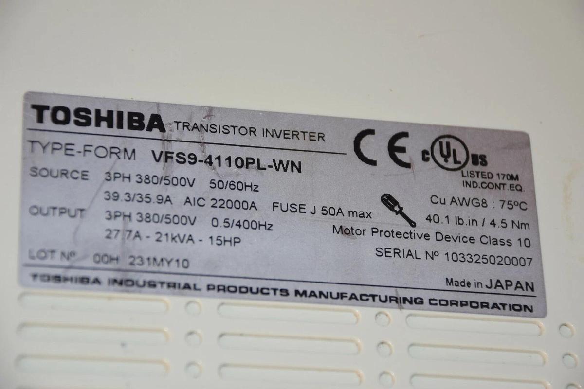 Used TOSHIBA 15hp 15 hp TRANSISTOR INVERTER 3PH 380/500V VFS9-4110PL-WN