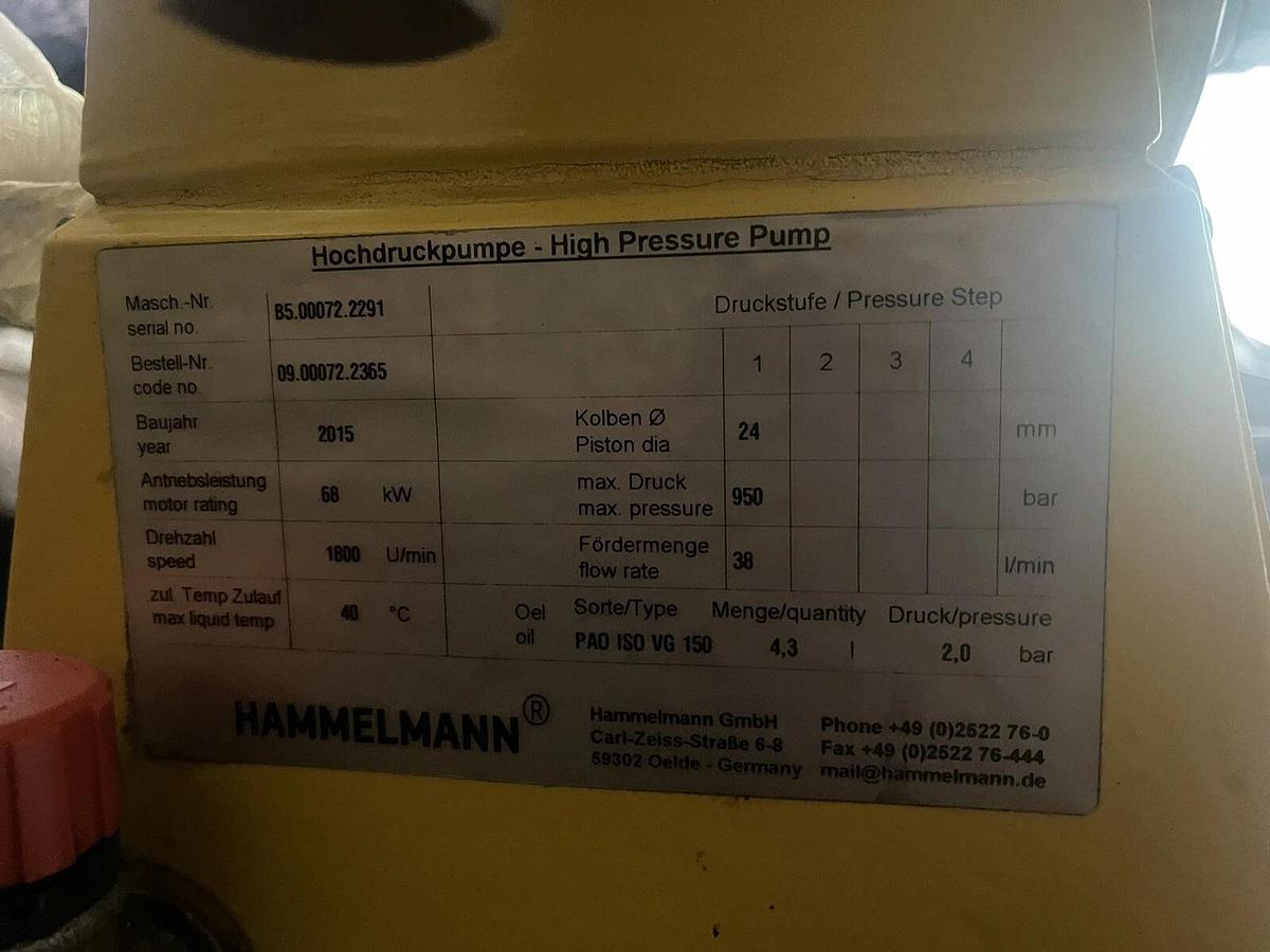 Used Hammelmann High Pressure Pump Unit 85.00072.2291 58kW Motor Hydro jet