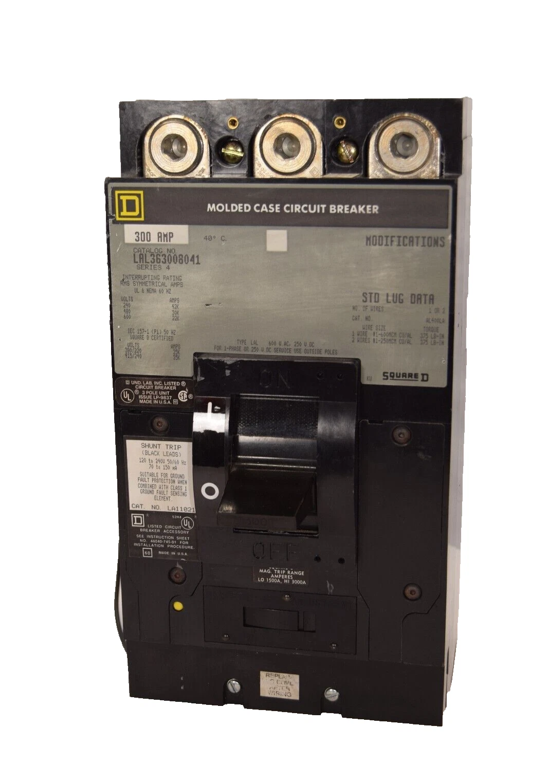 Used SQUARE D Circuit Breaker LAL363008041 300a 300 Amp 600v LA11021 1500a-3000a Trip