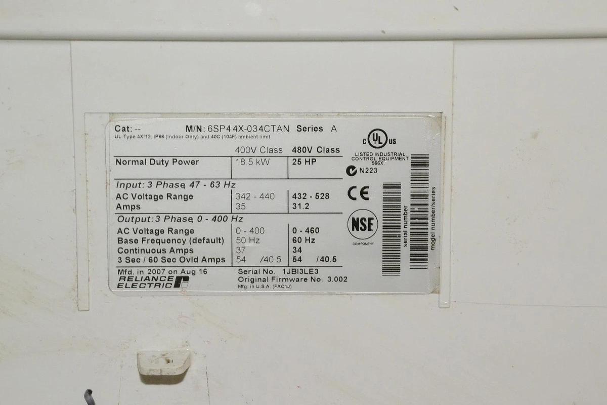 Used RELIANCE 6SP44X-034CTAN SP600 ser A 25HP 18.5KW AC DRIVE