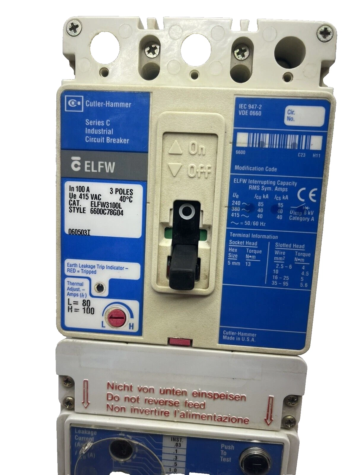 Used Cutler Hammer ELFW3100L, 3p 100a 415v, Circuit Breaker, With ELD133 100 A