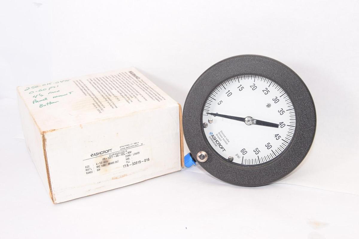 (NEW) ASHCROFT 45-1377-AS-02L-60# 4.5" Face 0-60psi Pressure Gauge