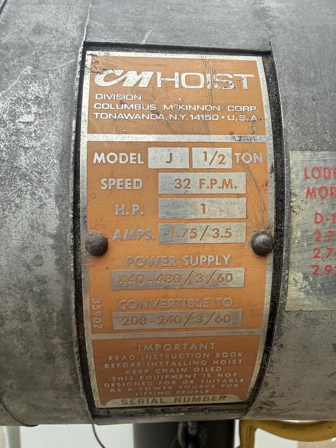 Used CM Lodestar Chain Hoist 1/2 Ton 1000lb Model J 20' chain 240V 480V 3ph 1hp 32fpm