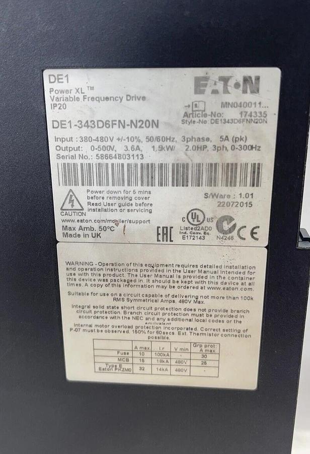 Used EATON DE1 Power XL Variable Frequency Drive DE1, Power XL, DE1-343D6FN-N20N