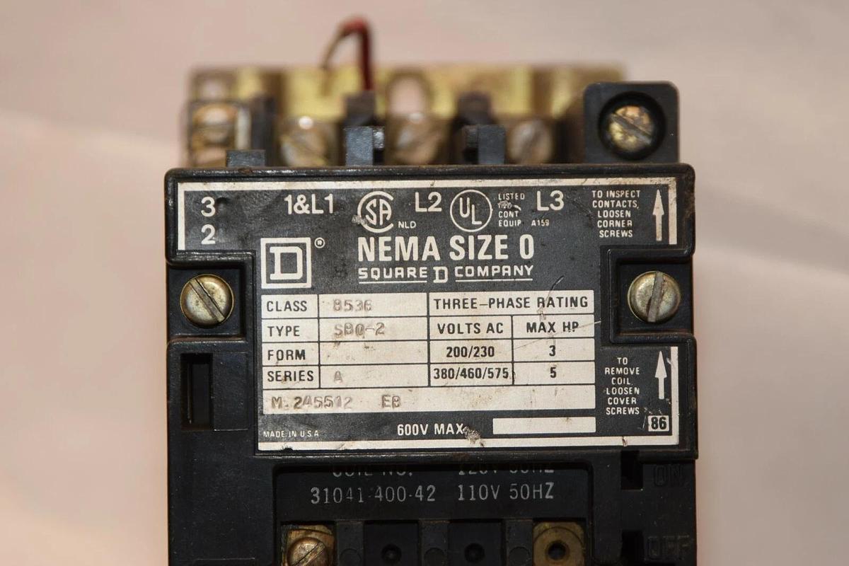 Used SQUARE D Starter 8536 SB0-2 SB02 SBO-2 SBO2 8536SB0-2 Size Sz 0 110/120v Coil