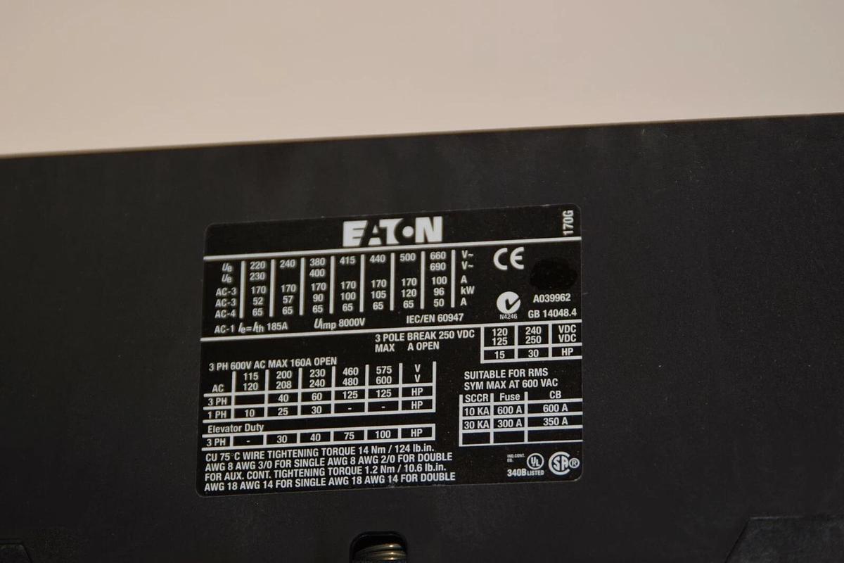 Used (New) EATON  XTCE170G00B Style XTB112659 FVNR 170A  190-240V Coil