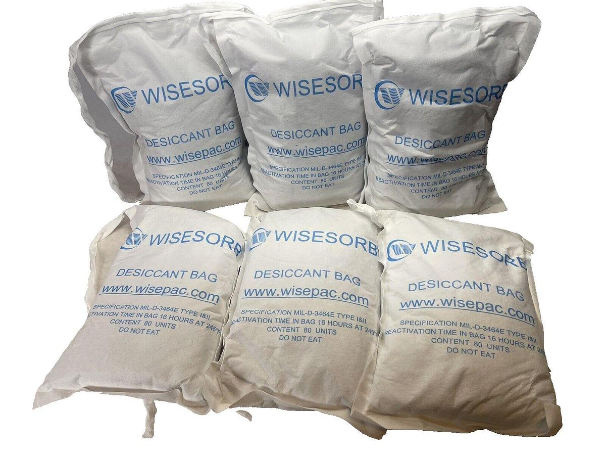 Used 6 bags, Wisesorb Montmorillonite large Desiccant Bag, Size 80 Units, MIL-D-3464E