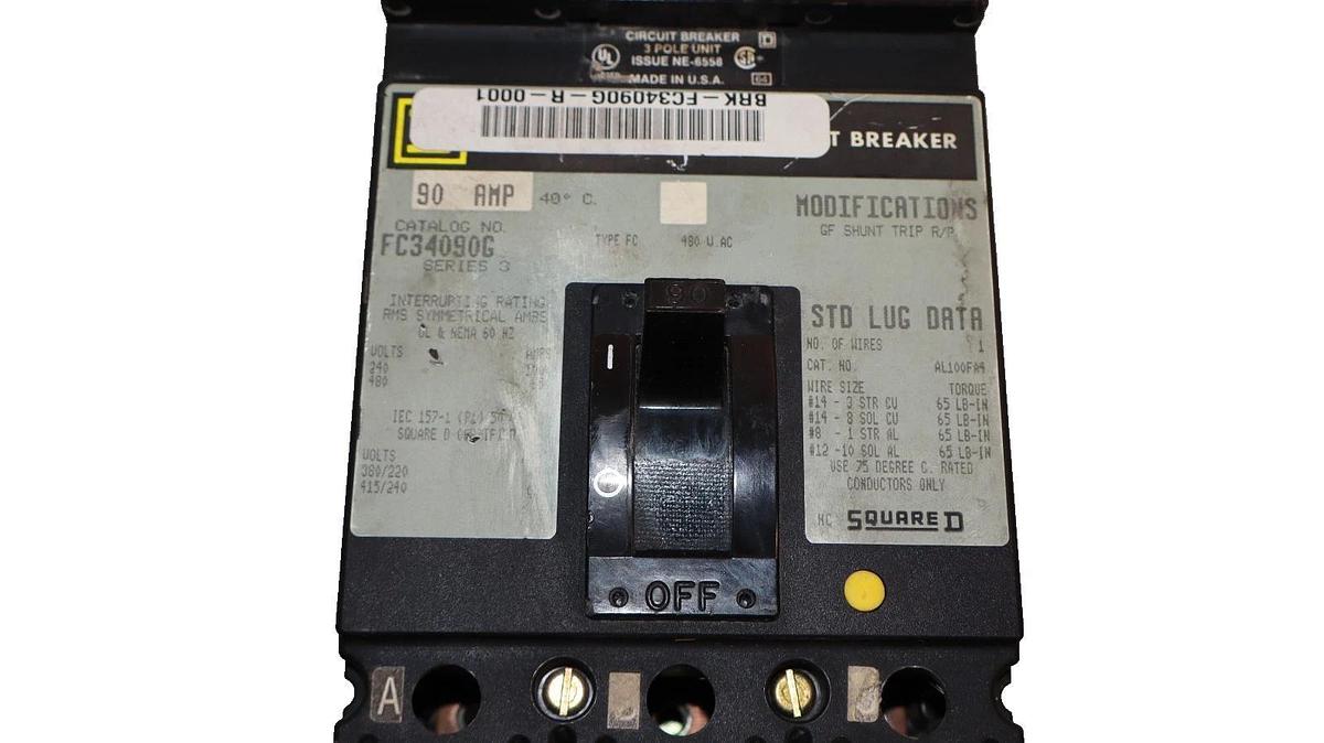 Used Square D 90A 90 Amp Circuit Breaker FC34090G Series 3 Shunt Trip 480VAC