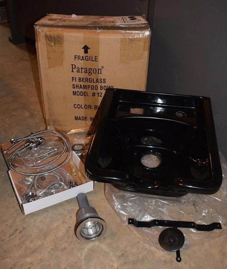 Used (New) Paragon 12 UPC Black Fiberglass Salon Shampoo Bowl sink with GLT-05 faucet