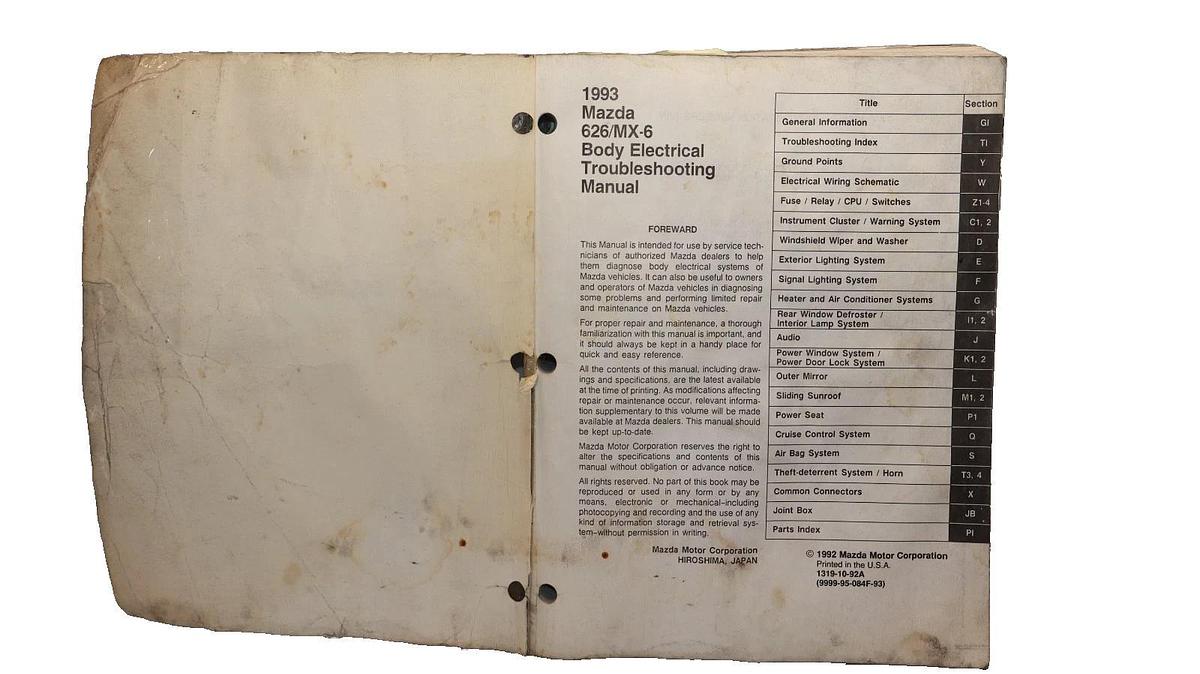 Used Mazda 626 MX-6 1993 Body Electrical Troubleshooting Manual