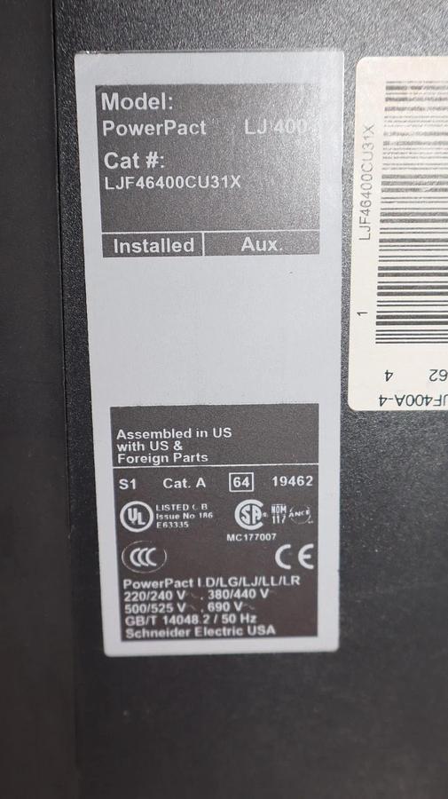 Used Square D Circuit Breaker LJF46400CU31X LJ 400 PowerPact LJ 400 Amp 3 Pole