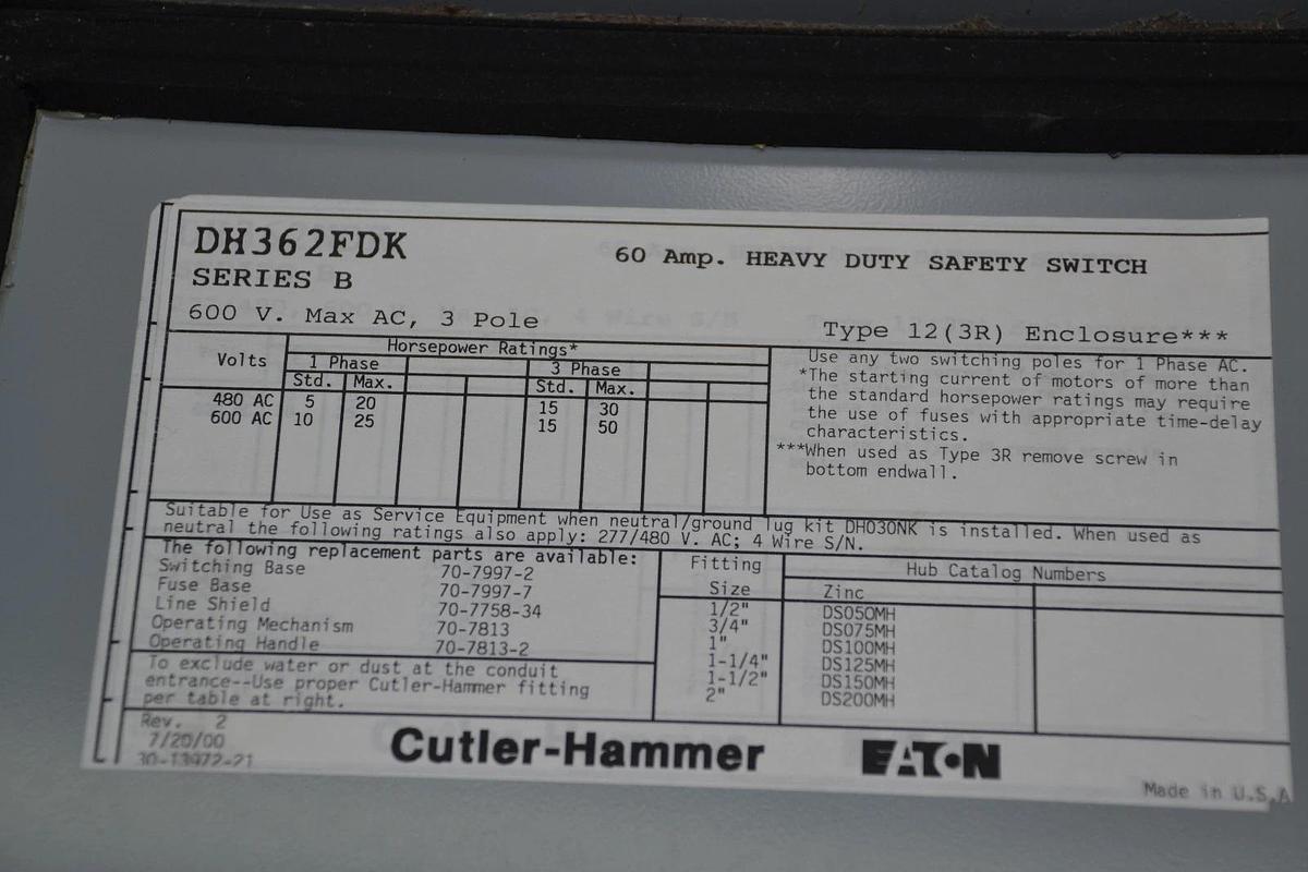 Used Cutler-Hammer DH362FDK 60 Amp Heavy Duty Safety Switch Enclosure Disconnect