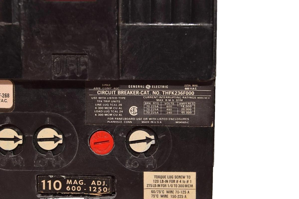 Used GE General Electric THFK236F000 , E11592-R 3 Pole 225A 600V Circuit Breaker
