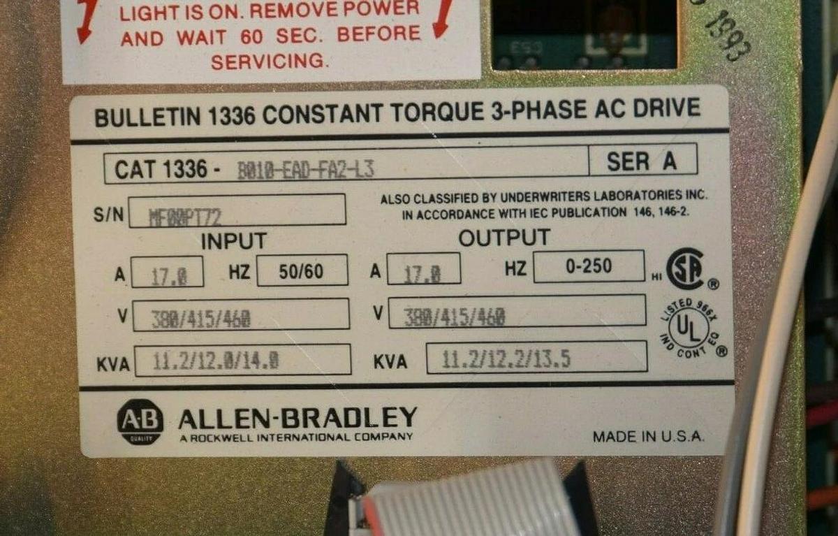 Used Allen Bradley 3 Phase AC Drive, 1336-B010-EAD-FA2-L3, Series 10 hp