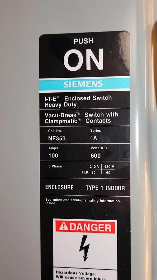 Used SIEMENS I-T-E Enclosed Switch NF353 Ser A 100A 100 Amp 600Vac 3 Phase Heavy Duty