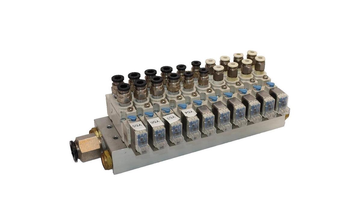 Used SMC Valve Block with (10) SY5120-5LZE-01 Solenoid Valve Lot