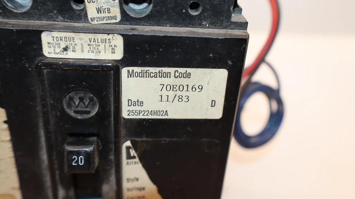 Used Westinghouse Circuit Breaker 20A 20Amp FB3020-ST-U 600VAC 3-Pole