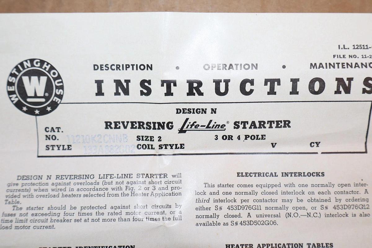 Westinghouse Life-Line Reversing Starter Size Sz 2 11210K2CNNB 453D181G02 (NEW)