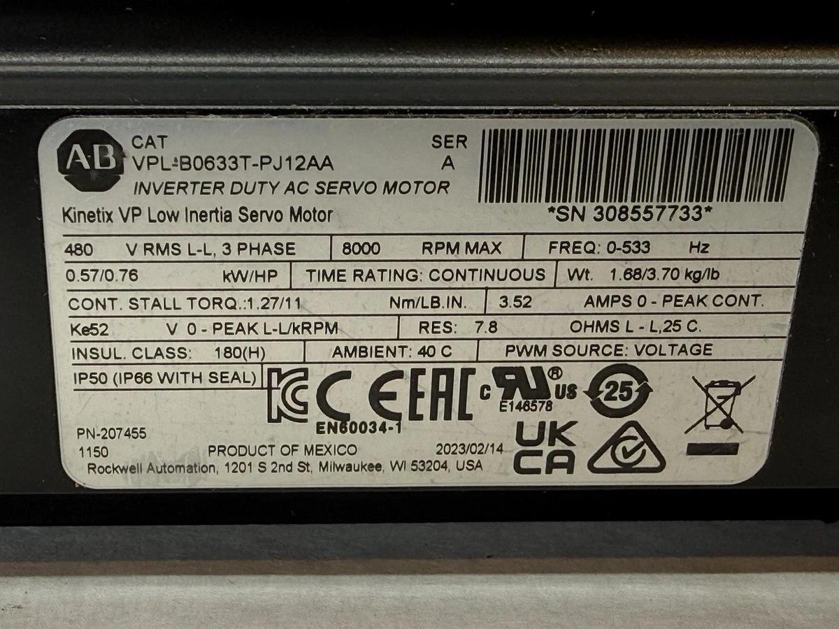 Refurbished Allen Bradley Kinetix VP Servo Motor VPL-B0633T-PJ12AA Ser A  480V .57kW .76HP
