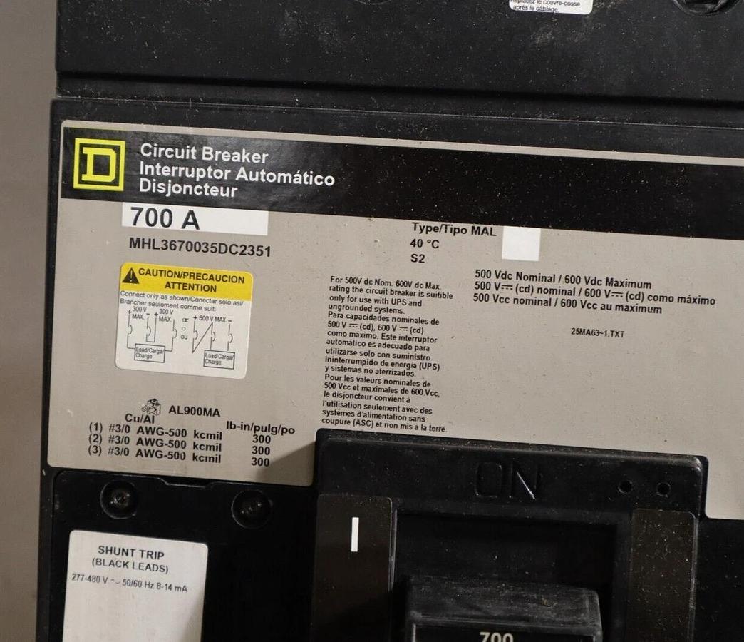 SQUARE D Circuit Breaker MHL3670035DC2351 700 Amp 700A Shunt Aux NOS cosmeticdmg