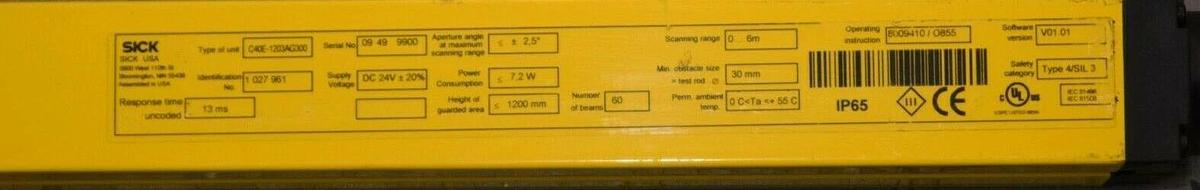 (New) SICK C40E-1203AG300 C4000 Series 1200mm 24Vdc  Light Curtain Basic+