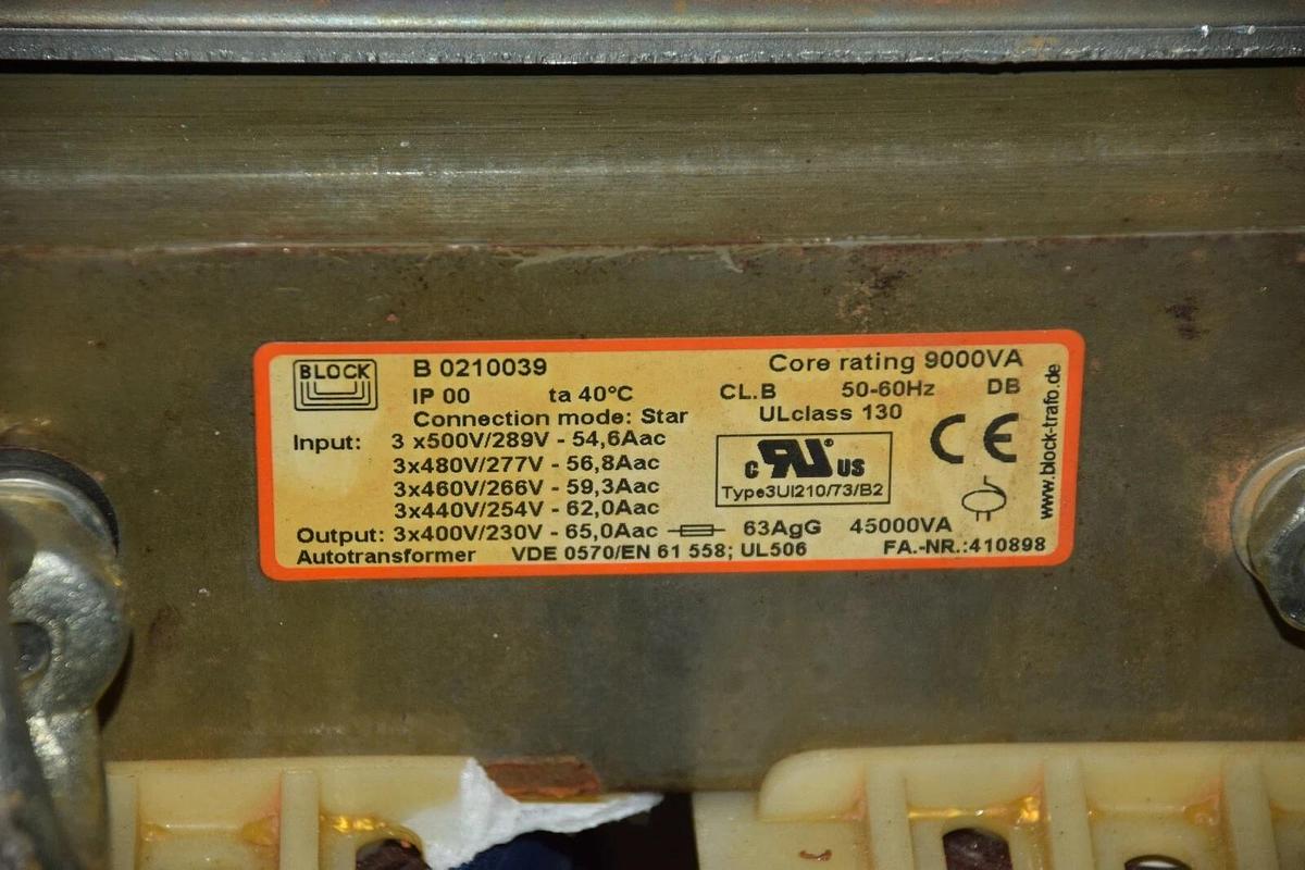 Used Block Transformer B0210039 9KVA Core 480V/277V  400V/230V 45KVA Autotransformer