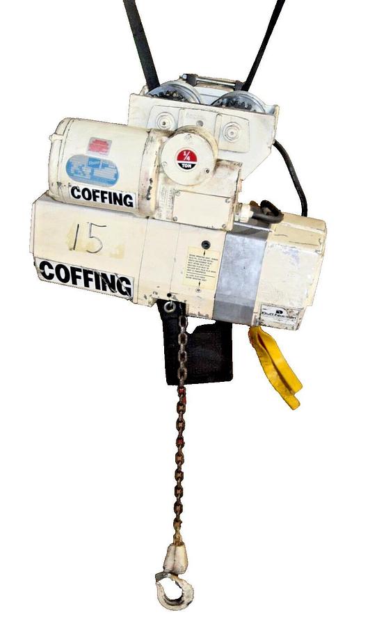 Used Coffing 1/4 Ton Electric Chain Hoist EC05163 15' Lift 230/460v 3ph w/ Trolley