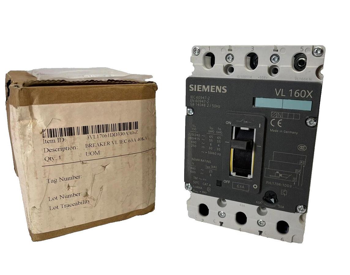 Siemens 3VL1706-1DD33-0AA0-Z, 3 Pole, 63 amp, Circuit Breaker, Open Box - NEW
