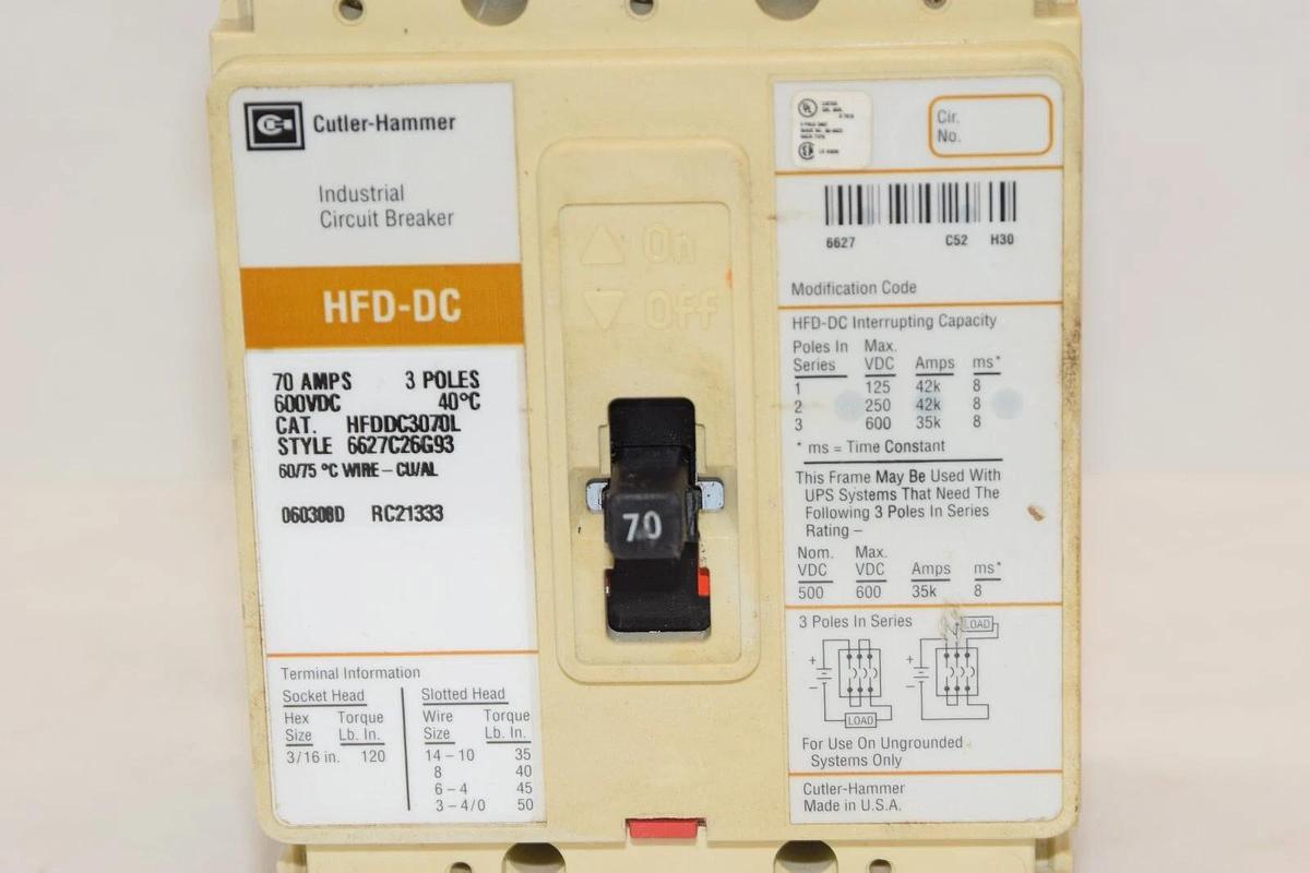 Used CUTLER HAMMER HFDDC3070L 70A 70 Amp 3P 600Vdc Industrial Circuit Breaker
