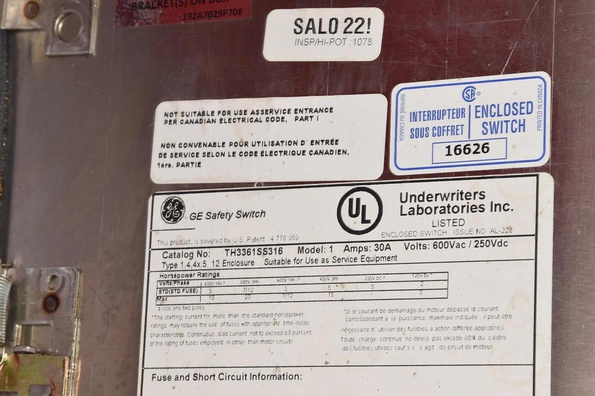 Used GE GENERAL ELECTRIC Safety Switch 30 Amp TH3361SS316 Model 1 30A Amp 600V