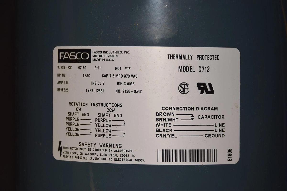 FASCO 1 Single Speed Condenser Motor D713 1/2hp 3.0A 208/230v 60hz 825rpm NEW