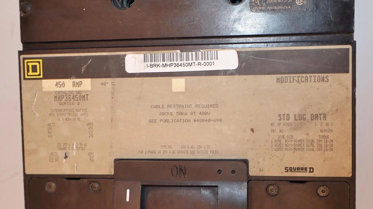 Used Square D Breaker MHP36450MT 450 AMP 600V  450A Magnetic Trip Adjustment