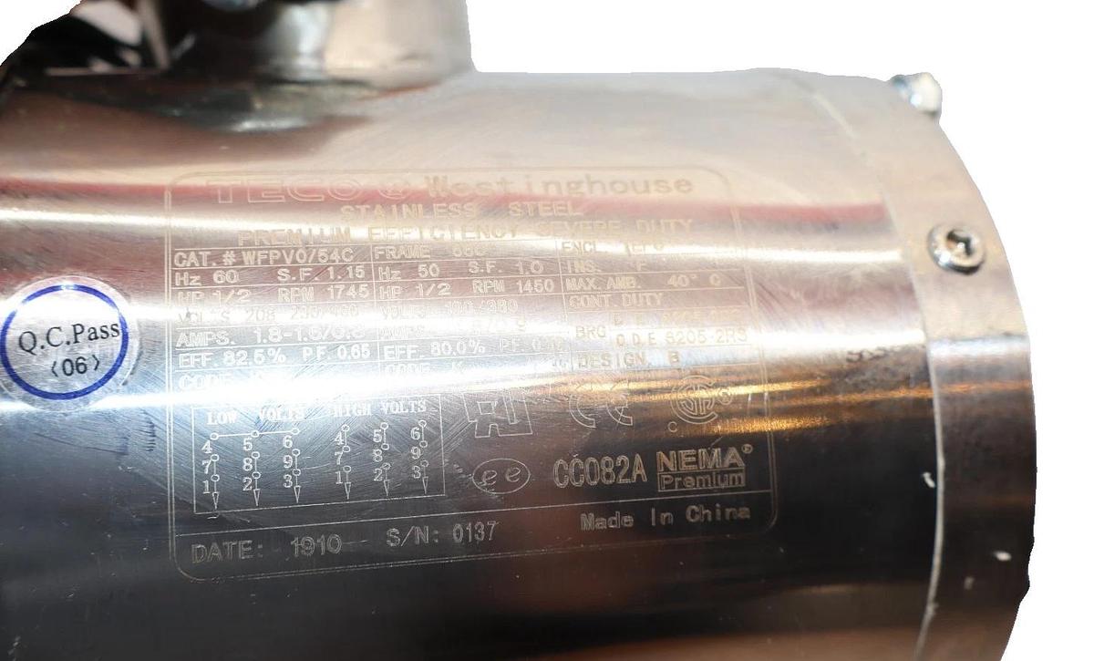 Teco-Westinghouse WFPV0/54C , 56C Frame , CC082A 5/8" Rod Motor (New)