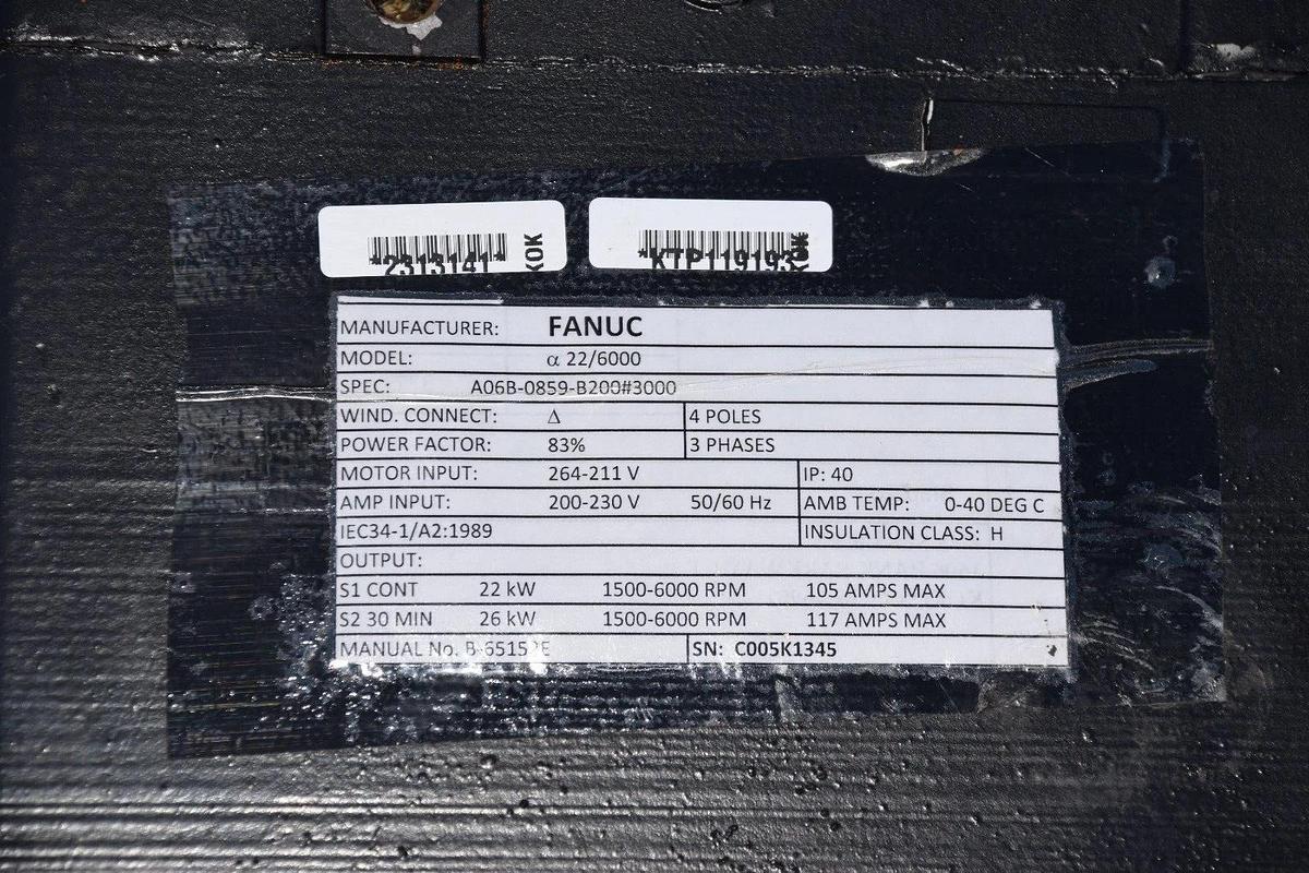 Refurbished FANUC Spindle Motor 22/6000 A06B-0859-B200#3000 4p 3ph 200-230v *Refurb*