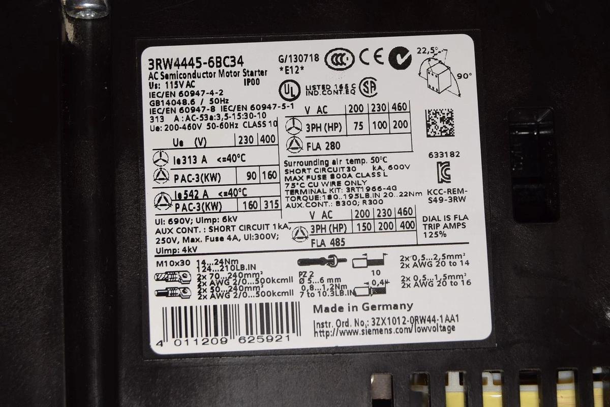 Used Siemens AC Semiconductor Motor Starter 3RW4445-6BC34 SIRIUS 115v DAMAGE TO COVER
