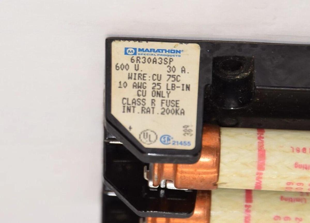Used MARATHON 6R30A3SP 30Amp 600V Fuse Holder With Gould TRS2-8/10R Tri-Onic Fuse