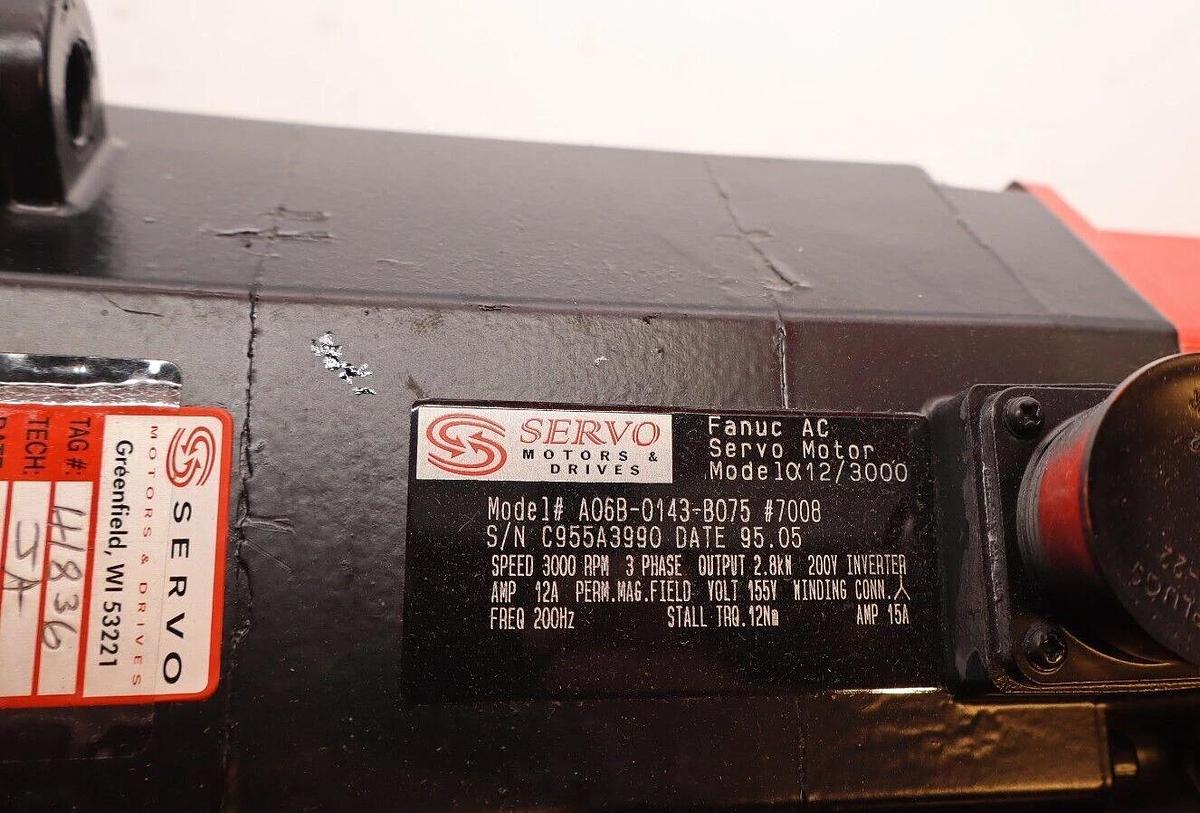 GE FANUC A06B-0143-B075 #7008 3000rpm 3PH 2.8kW AC Servo Motor REFURB