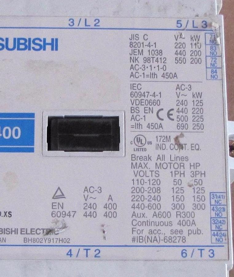 Used MITSUBISHI CONTACTOR S-N400 SN400 BH802Y917H02 260-350V COIL 3P 1PH 3PH 110-600V