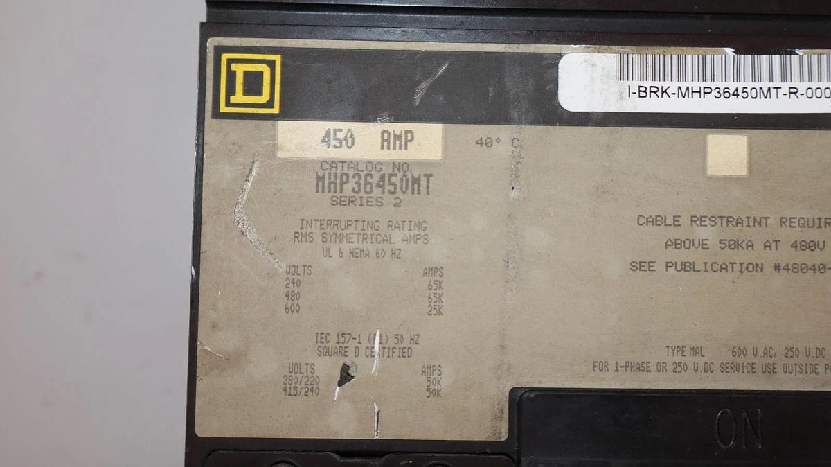 Used Square D Breaker MHP36450MT 450 AMP 600V  450A Magnetic Trip Adjustment