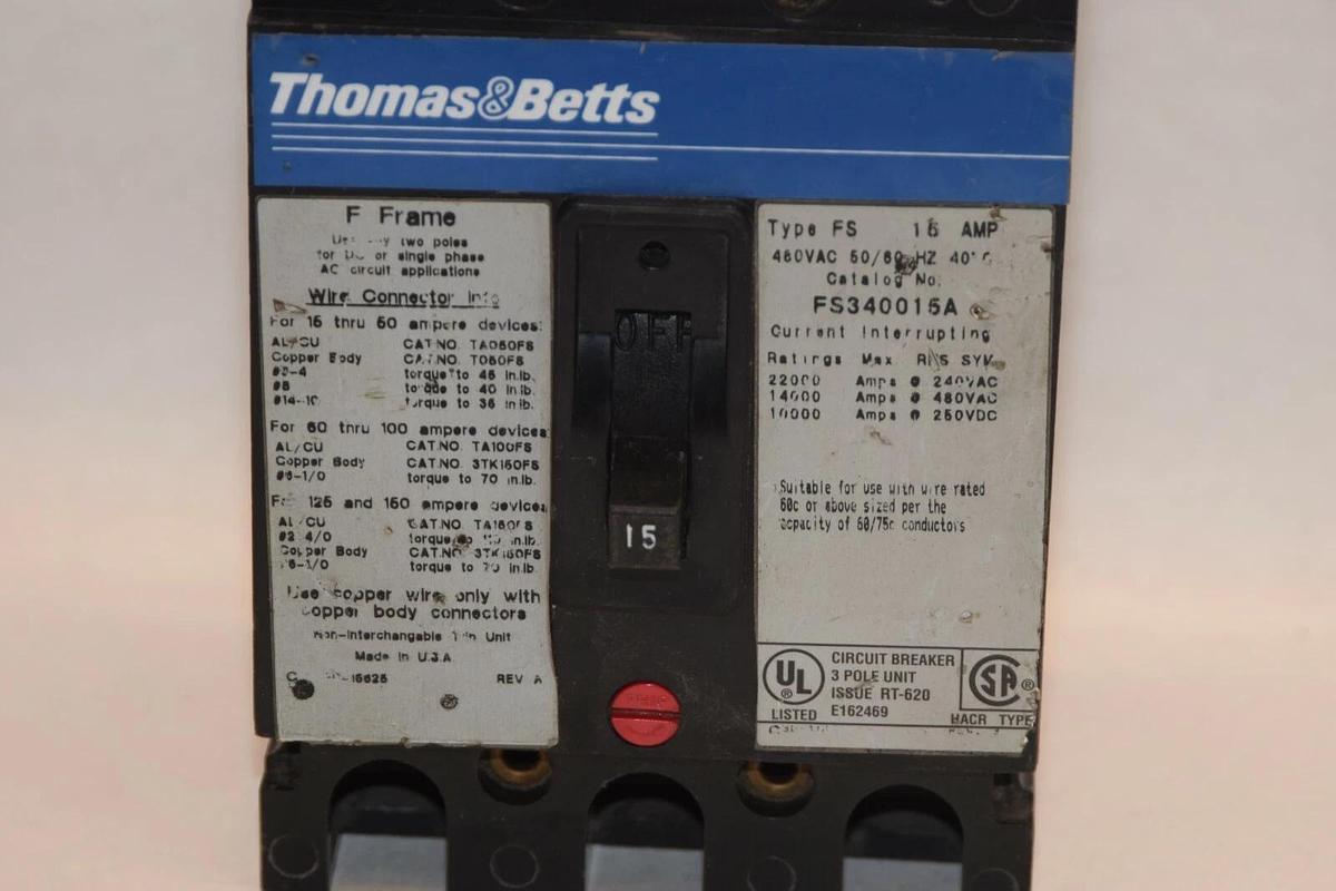 (NEW) THOMAS & BETTS FS340015A 15A 480V 3 Pole F-Frame Breaker