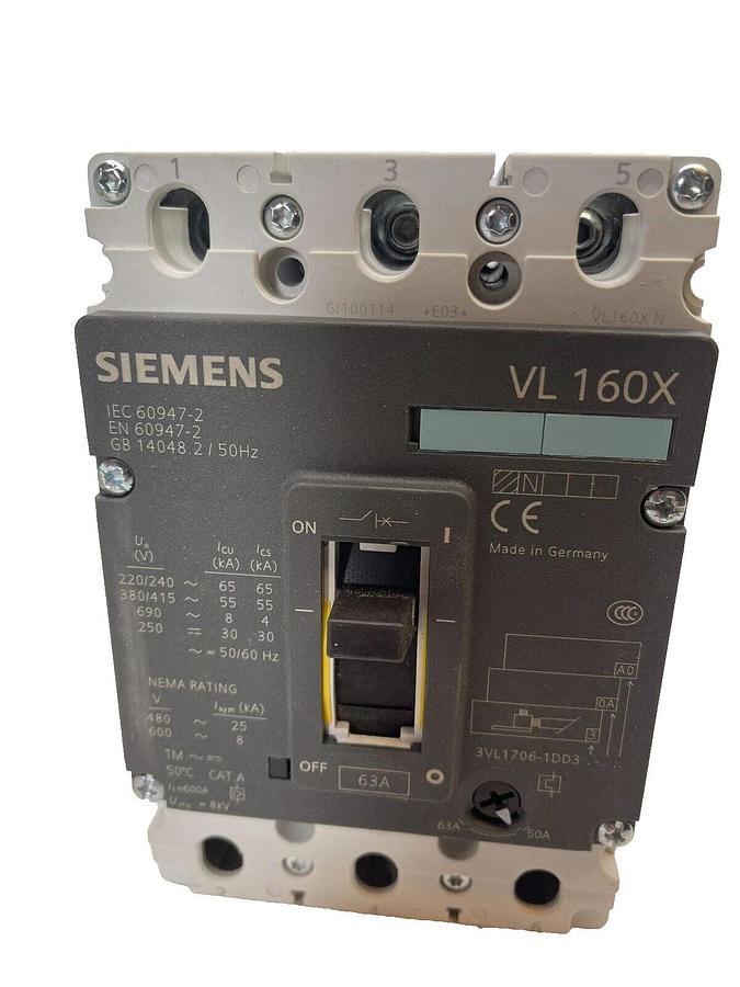 Siemens 3VL1706-1DD33-0AA0-Z, 3 Pole, 63 amp, Circuit Breaker, Open Box - NEW