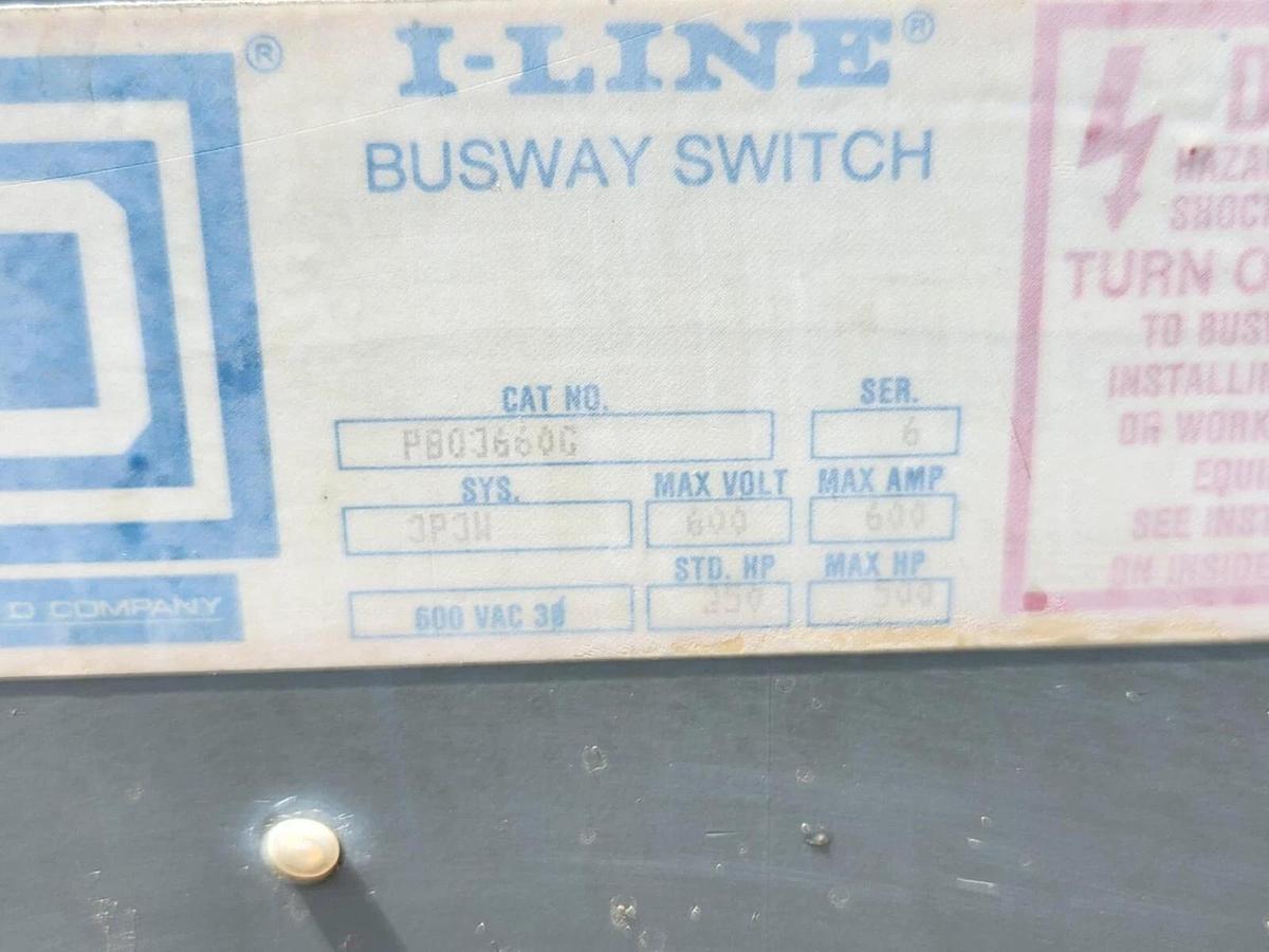 Used SQUARE D I-Line Fusible Busway Switch PBQ3660G 600A 600 Amp Ser 6 3P3W 600v 3ph