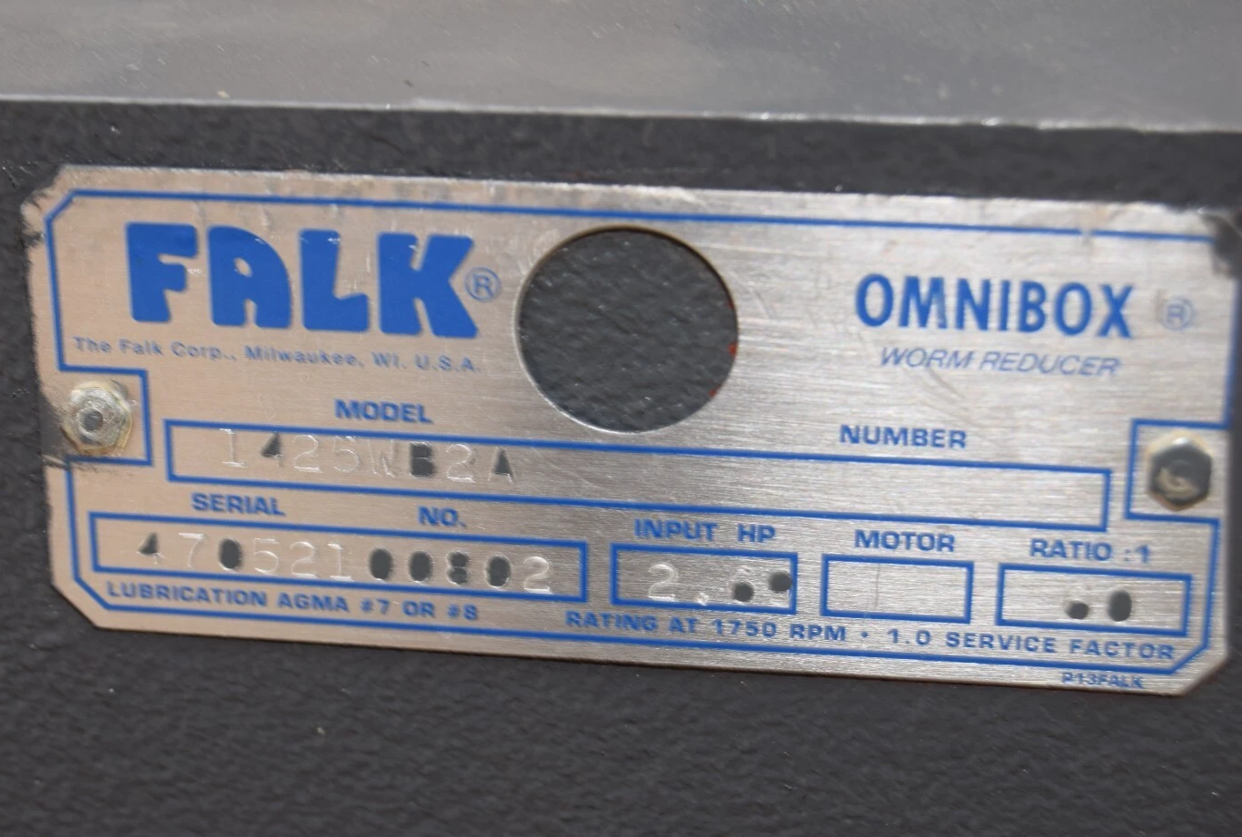 FALK Omnibox Worm Speed Reducer Gear Box 1425WB2A 60:1 2.69hp (NOS)