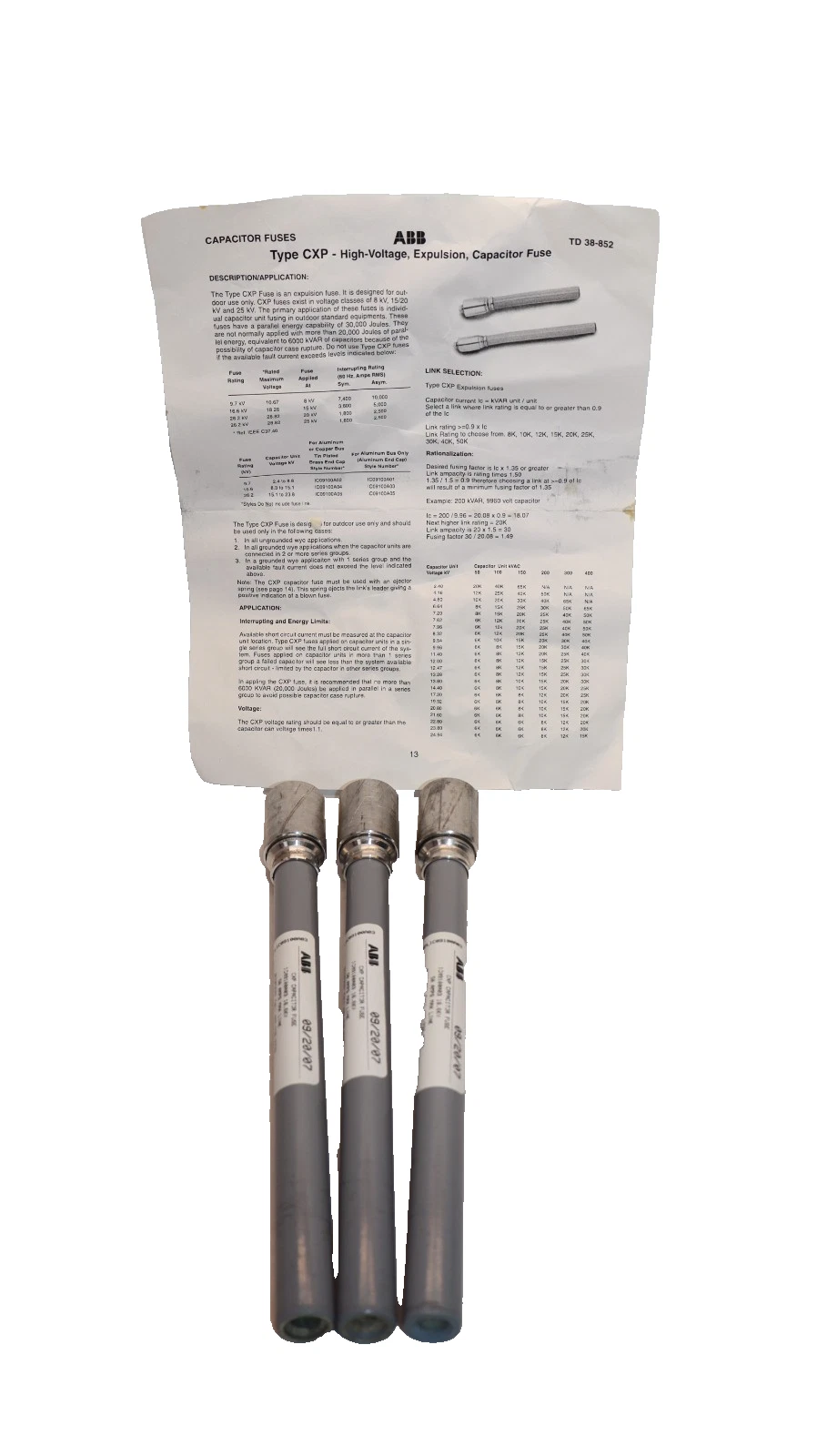 ABB 1C09100A03 16.6KV 50A Amp CXP Capacitor Fuse (New - Lot of 3)
