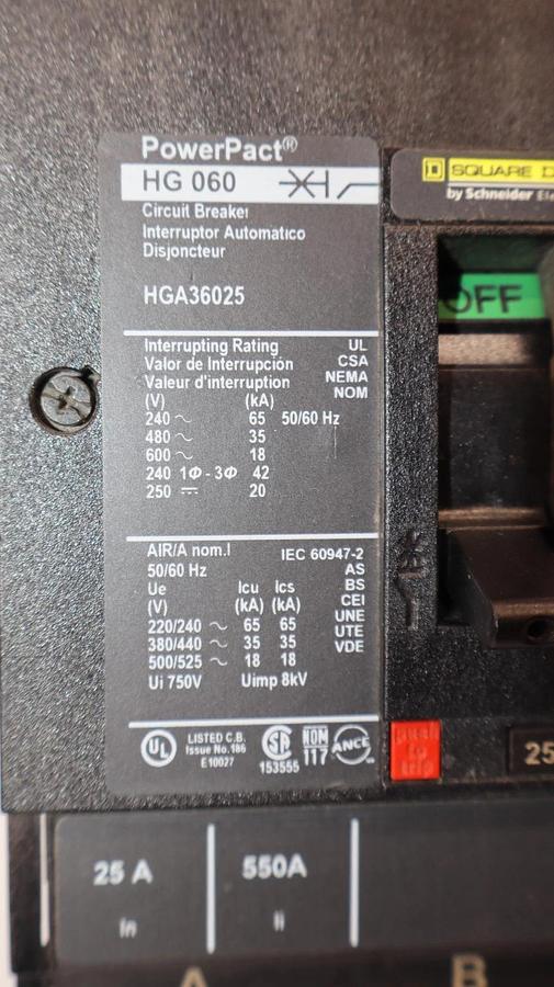 Used Square D / PowerPact HG 060 , HGA36025 25A Amp 3 Pole Circuit Breaker
